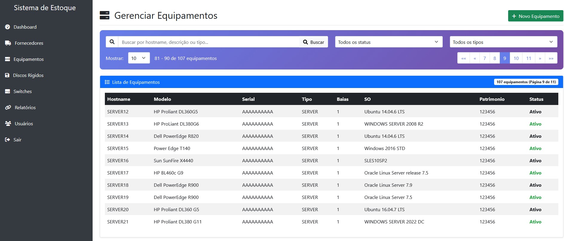 Tela do sistema de gestão de estoque