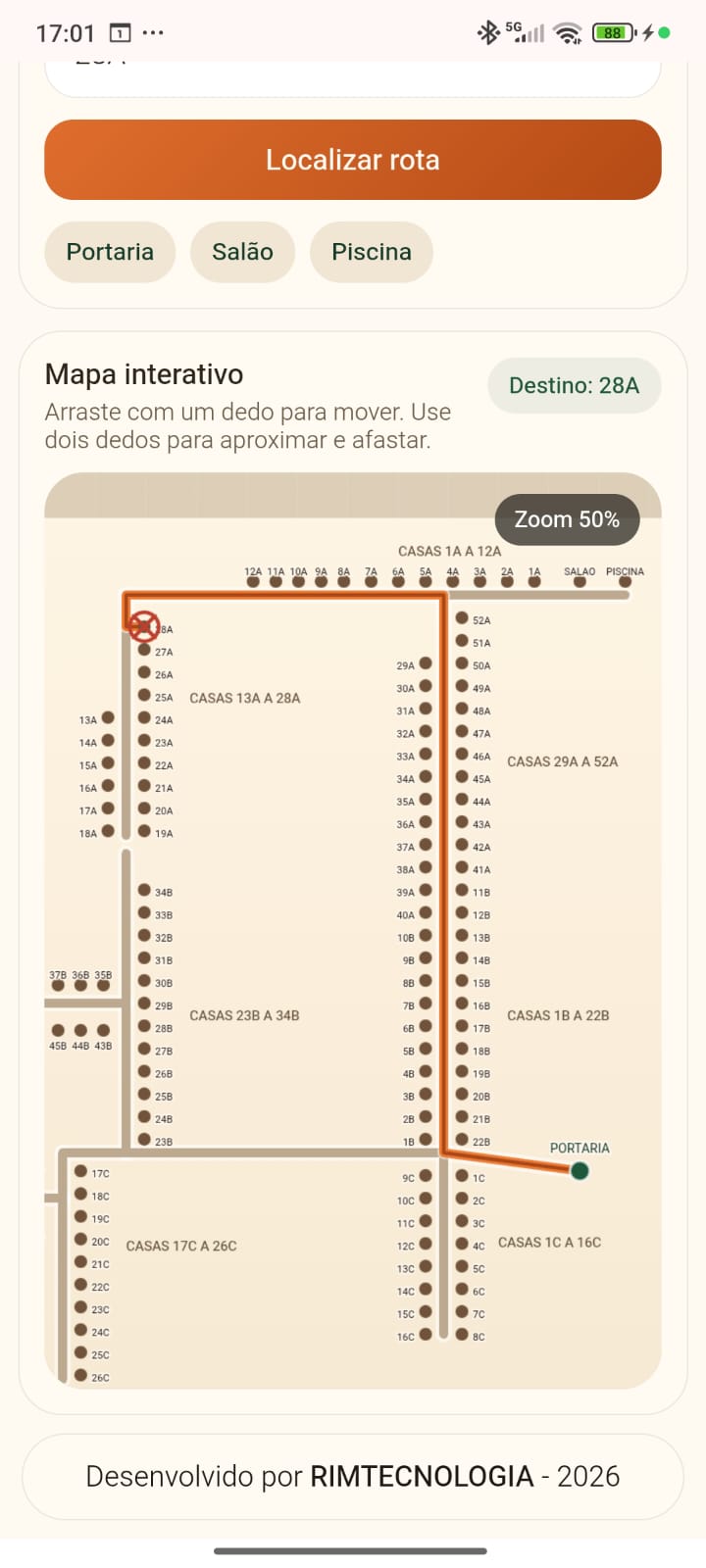 Tela com rota e localização