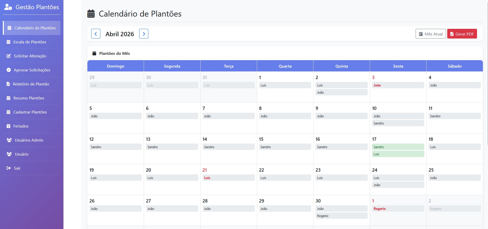 Sistema de plantão operacional