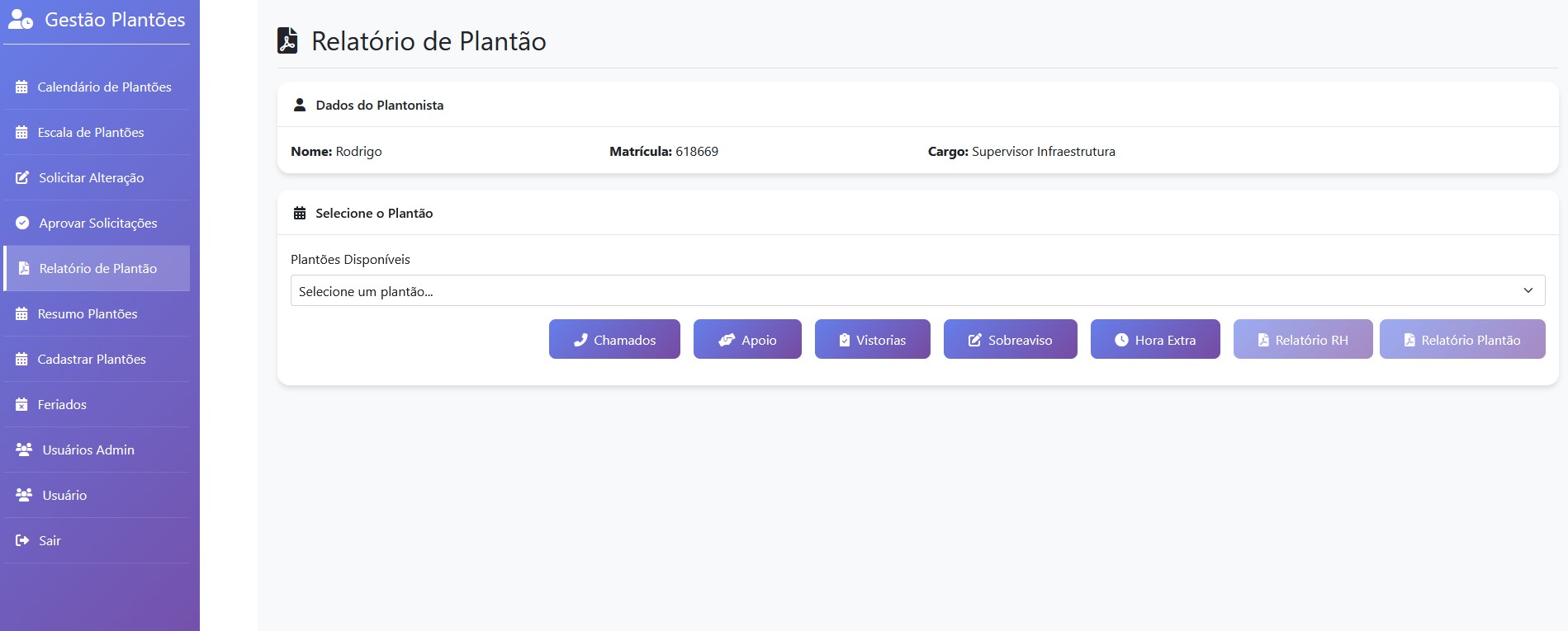 Tela de gestão de plantão